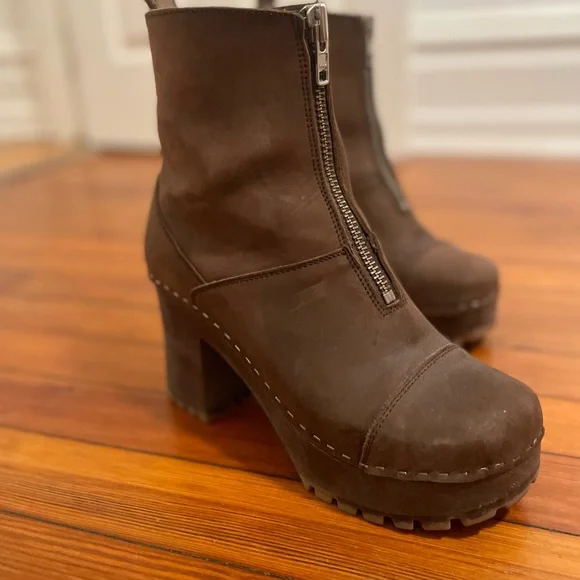 Swedish Hasbeens Zip Front Platform Clog Boot Scandi Size 41 Women Brown Nubuck - Picture 1 of 12